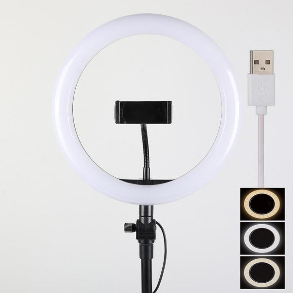 Selfie LED Ring Light 26cm With Ball Head And Phone Holder Dimmable Three Color Temperatures For Content Creators