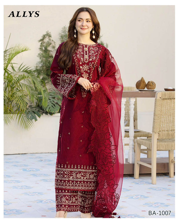 Allys Fabric Dhanak 3Pc Embroidered Suit For Women With Organza Dupatta And Full Sequence Embroidery